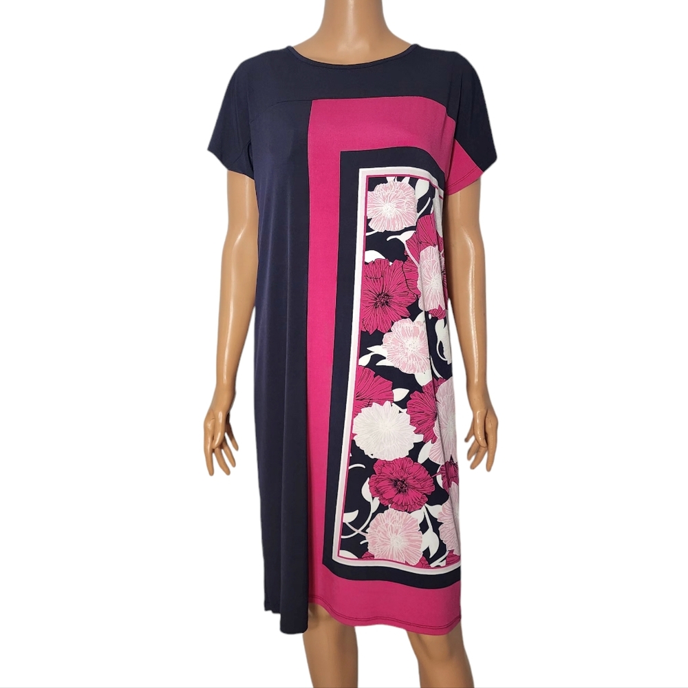 Jones NY Shift dress Floral navy blue pink Short sleeve‎ Crew neck Jersey Size S